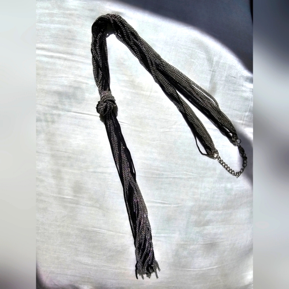 VINTAGE long silver and black tassel necklace